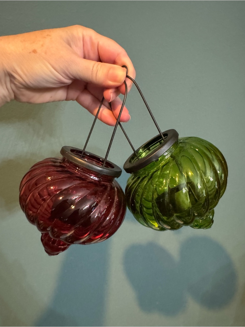 Pier 1 Glass Hanging Tea light Lantern Set - Green and Deep Red